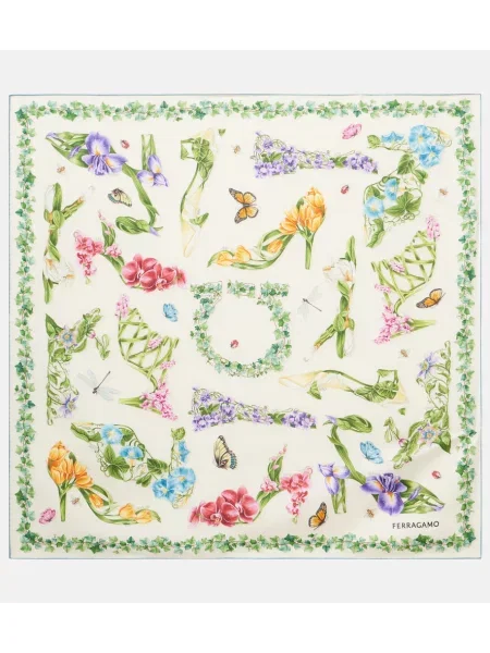 Fular Ferragamo de mătase cu model floral alb