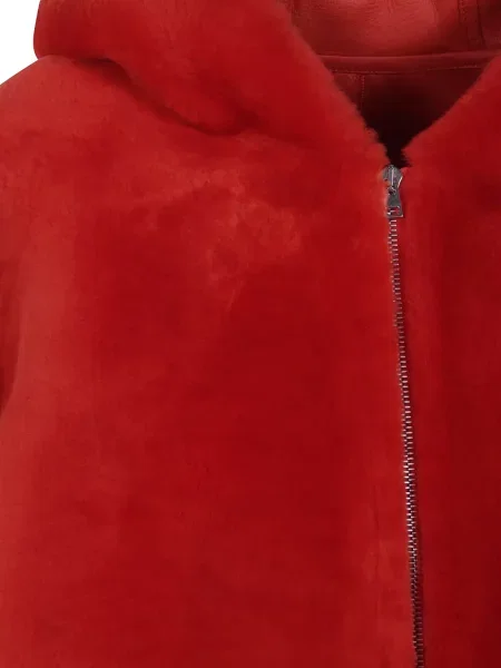 Μπουφάν Yves Salomon με κουκούλα από δέρμα προβάτου κόκκινο