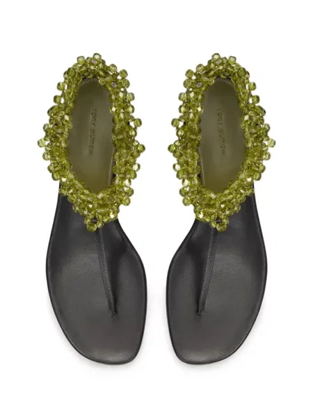 Sandale Tory Burch fără toc cu mărgele verde