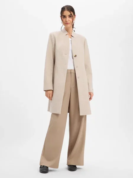 Płaszcz z mieszanki wełny z zapięciem na guzik Comma beżowy