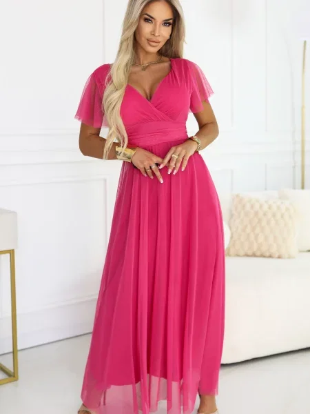 Długa sukienka maxi Numoco Basic wiązana fuksja