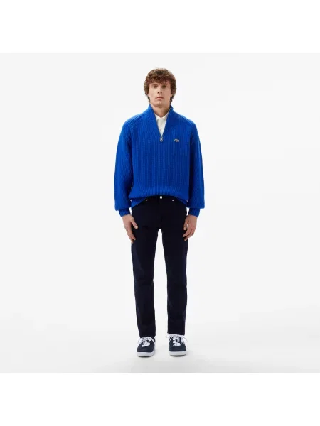 Lacoste Gruby Sweter Z Wełny Czesanej Z Zamkiem Pod Szyją granatowy