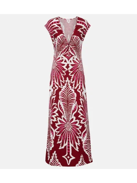 Rochie maxi Poupette St Barth cu model floral din jerseu de costum bordo