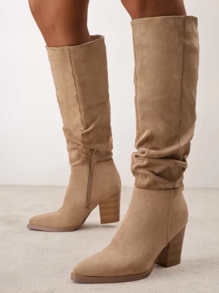Cizme din eco-suede cu gros și carâmb decorativ încrețit Reaelora bej