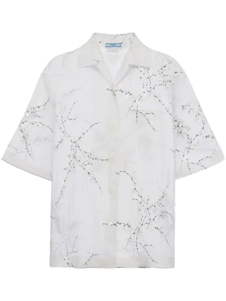Cămașă Prada de mătase cu model floral transparente alb