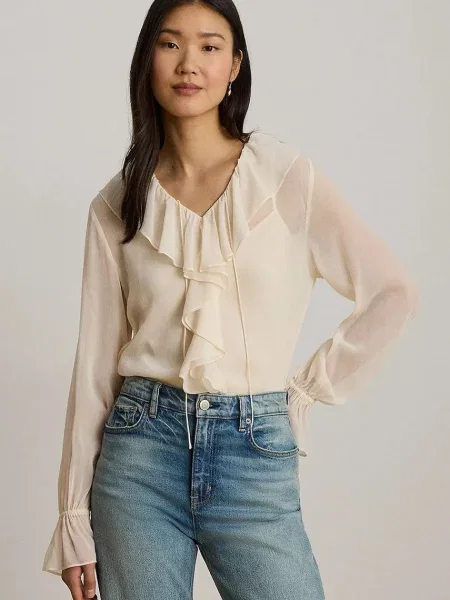 Lauren Ralph Lauren bluză cu volane pentru femei bej