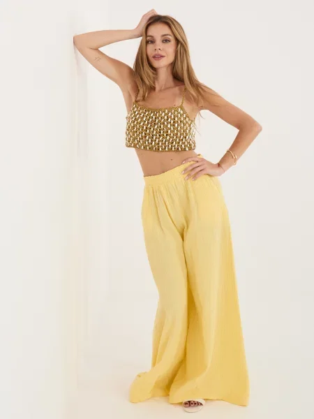 Pantaloni Italy Moda din muselină galben