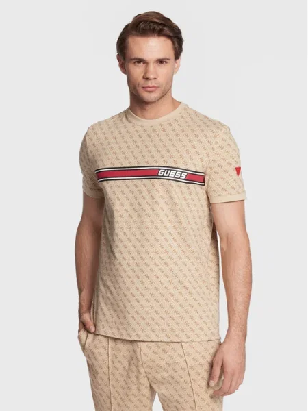 Тениска Guess с десен бежово