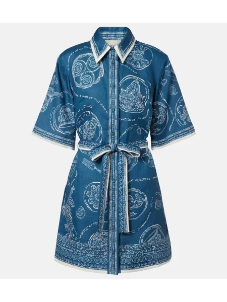 Rochie tip cămașă Alemais de in cu imagine albastru