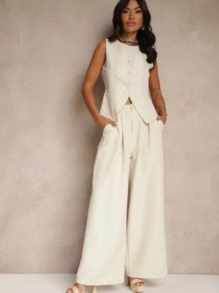 Komplet Garniturowy Szerokie Spodnie i Kamizelka Ziorene beżowy