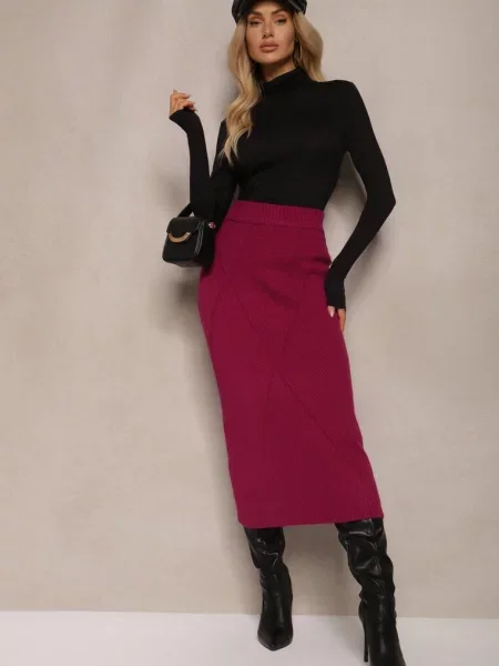 Spódnica z Wiskozą High Waist o Dopasowanym Kroju z Gumką w Talii Niarosae fioletowa