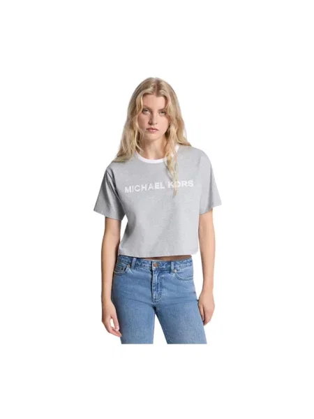 Koszulka Michael Kors z naszywkami o krotszym kroju szara
