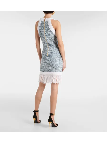 Rochie Balmain cu franjuri din tweed albastru