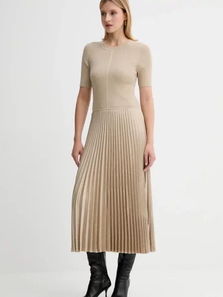 BOSS sukienka midi rozkloszowana beżowy