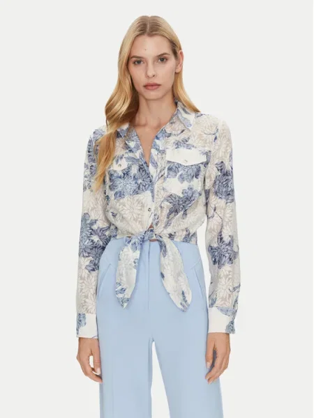 Риза Guess ADELAIDE дамска със стандартна кройка с класическа яка бежово