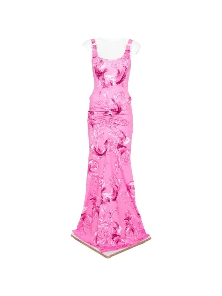 Maksi sukienka jeansowa Versace Jeans Couture z falbankami garniturowa różowa