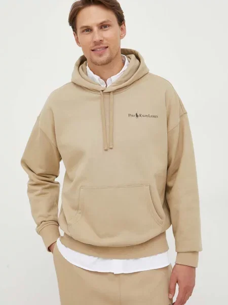 Dukserica Polo Ralph Lauren za muškarce s kapuljačom s tiskom bež