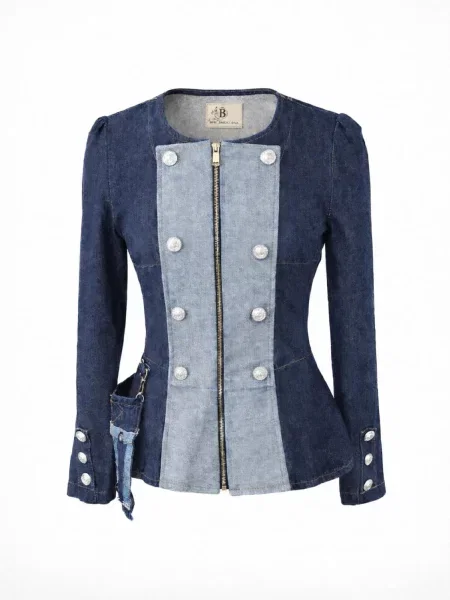 BIBI SAKALIEVA Geacă de primăvară-toamnă Military-Style Denim Jacket with Peplum Fit închis albastru