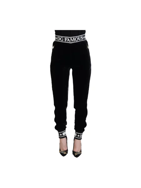 Welurowe spodnie Dolce And Gabbana z logo czarne