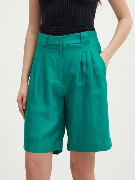 La Petite Française szorty z domieszką lnu SAVOUREUX gładkie high waist zielony