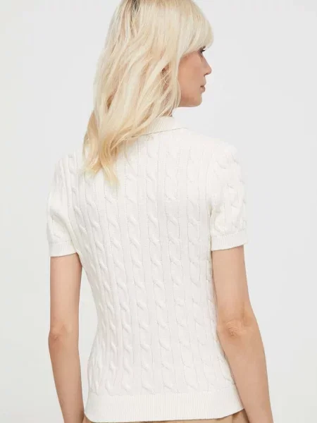 Dzianinowa koszulka polo Lauren Ralph Lauren z krótkim rękawem beżowa
