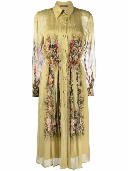 Rochie tip cămașă Alberta Ferretti de mătase cu model floral cu imagine verde