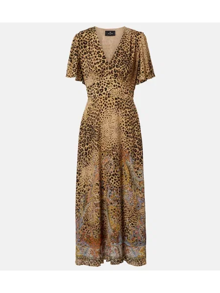 Rochie midi Etro cu imagine cu model leopard până la genunchi maro