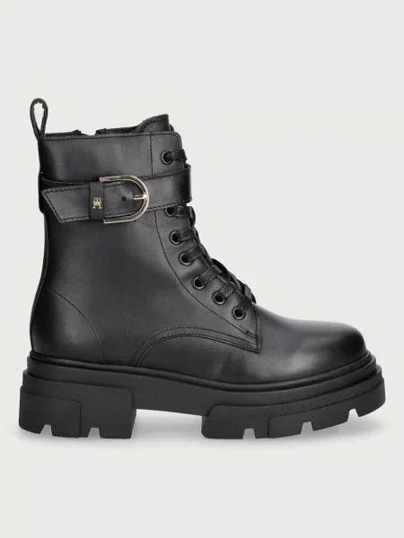 Tommy Hilfiger workery dámske kožené LEATHER TH BUCKLED LACE-UP BOOT čierna