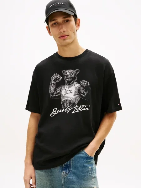 Tommy Jeans Tricou BEAR / alb murdar negru