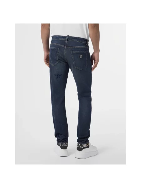 Jeansy straight leg Philipp Plein skórzane niebieskie