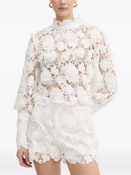 Bluză Bardot cu model floral din dantelă alb