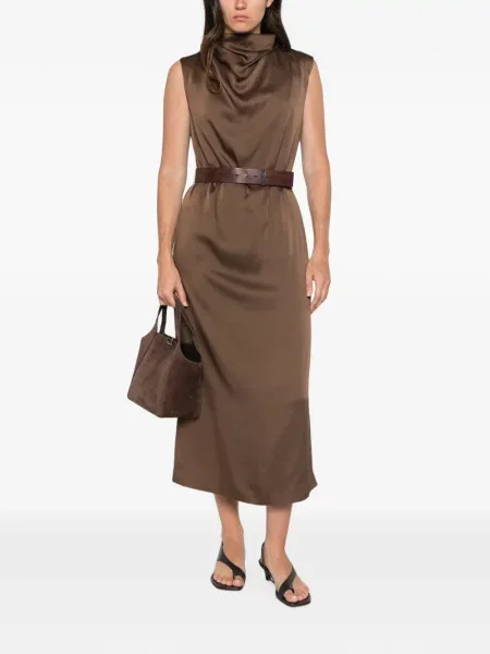 Cu centură rochie midi Brunello Cucinelli fără mâneci maro