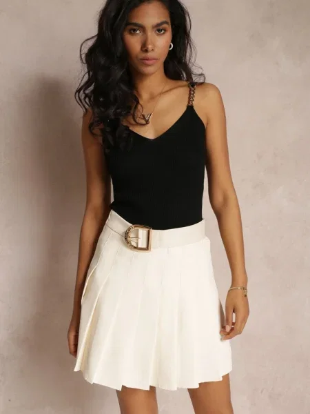 Fustă mini deschis cu pliuri și cu cataramă Crosba bej