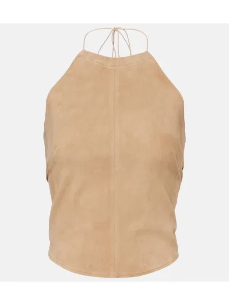 Top Stouls din piele de căprioară cu gât halter bej