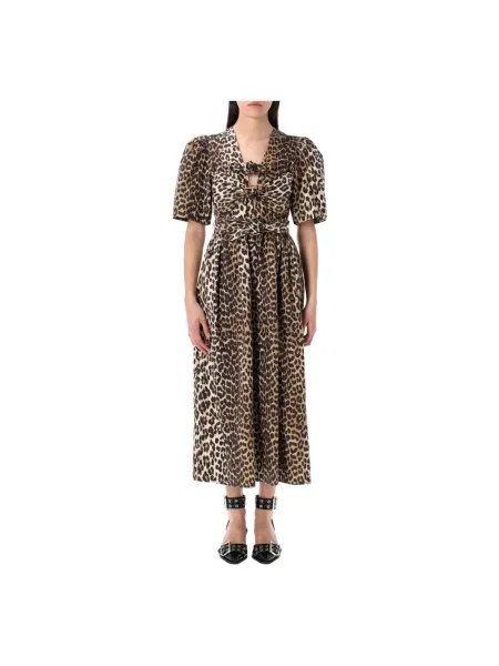 Sukienka midi Ganni z nadrukiem do kolan brązowa
