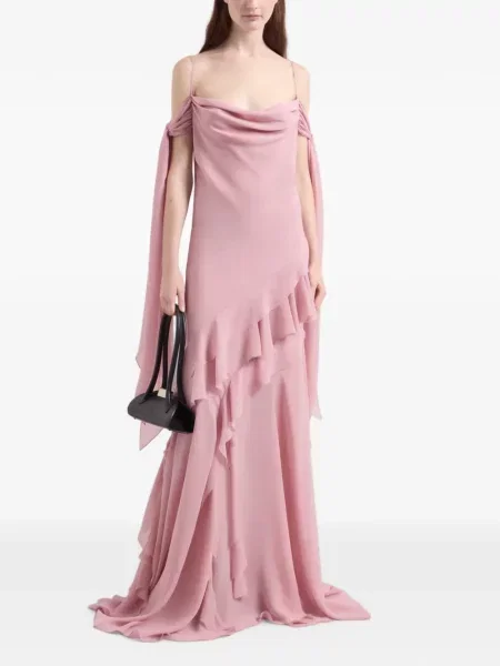 Rochie maxi Nina Ricci de mătase cu volane roz