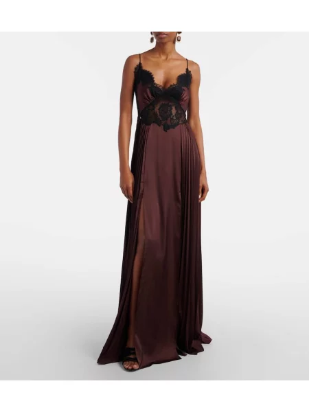 Rochie maxi Self-portrait din satin plisată de costum maro