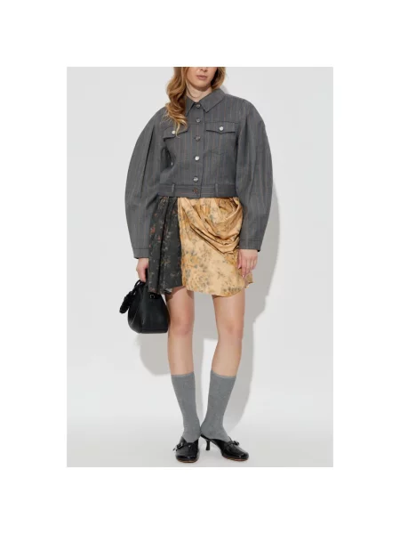 Kurtka Ganni w paski o krotszym kroju z bufiastymi rękawami szara