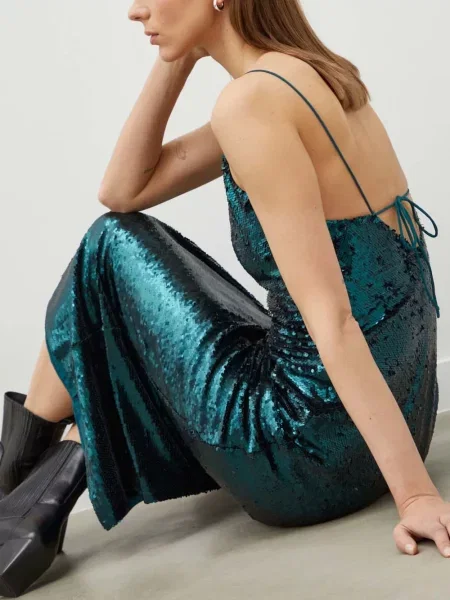 Rochie midi Samsøe Samsøe cu paiete până la genunchi de costum verde