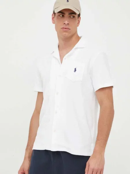Риза Polo Ralph Lauren мъжка бяло със стандартна кройка с класическа яка
