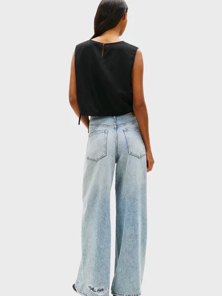 Лляний топ Tommy Jeans на завʼязках чорний