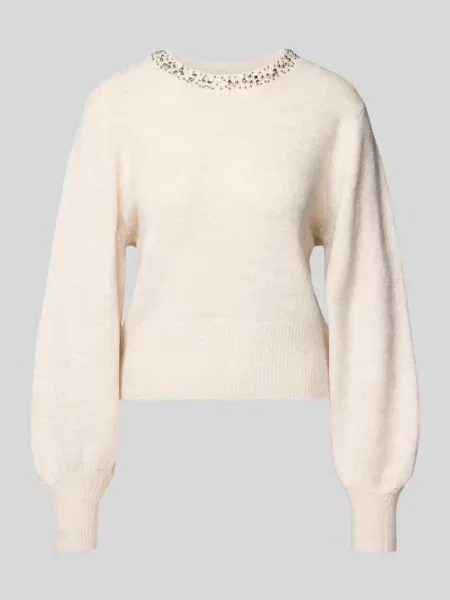 Sweter z dzianiny o kroju regular fit z obszyciem ozdobnymi kamieniami model ‘ELSA’ Only beżowy
