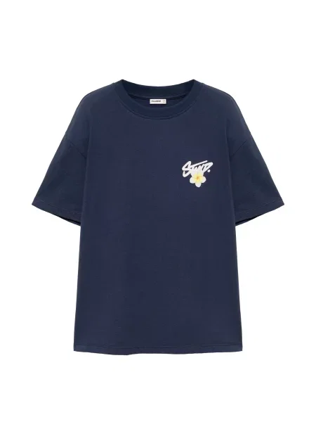 Pull&Bear Tricou bleumarin / galben lămâie alb