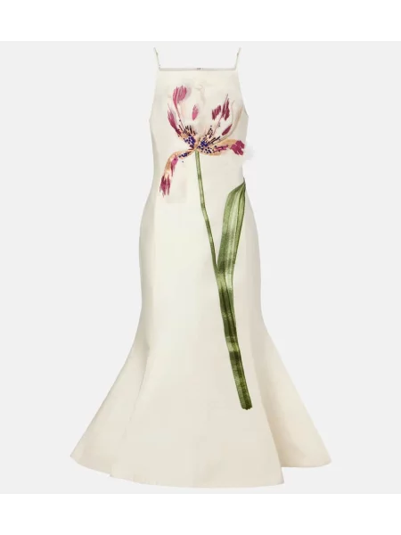 Rochie midi Leo Lin de lână cu model floral până la genunchi alb
