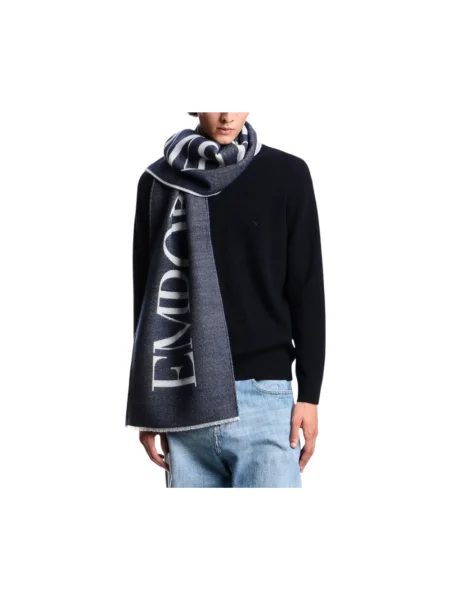 Szal Emporio Armani wełniana z logo niebieska