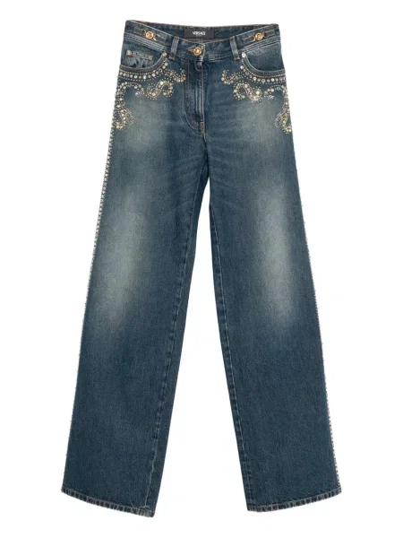 Blugi drepți Versace cu broderie albastru