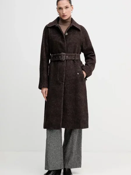 Sisley sweter z domieszką wełny lekki z golfem brązowy