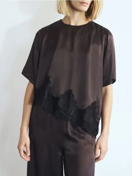 Reserved Асиметричний топ з мереживом темно коричневий