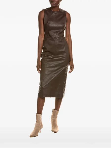 Rochie midi Brunello Cucinelli din piele fără mâneci maro