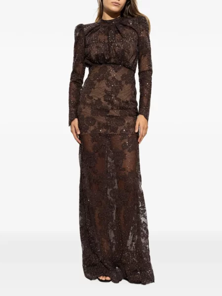 Rochie maxi Self-portrait cu paiete din dantelă maro